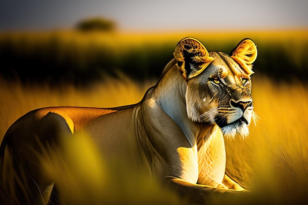 Leoa na grama amarela alta Animais selvagens africanos Postprocessados