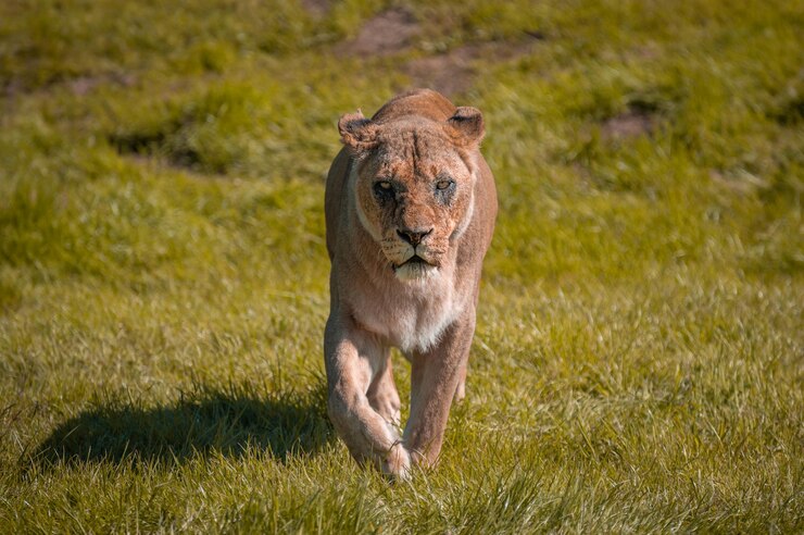 Foto leoa pantera leo caminhando no deserto em direção ao ponto de vista da câmera