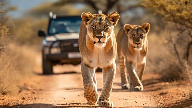 Leoas safari andando em estrada de terra