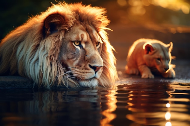 Leões adultos e jovens na água Uma bela ilustração de IA generativa