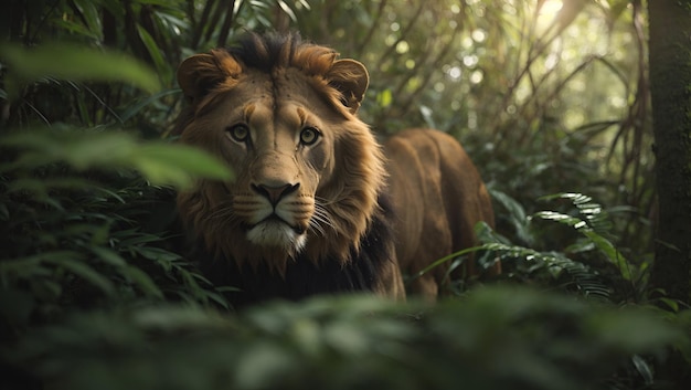 Un león acecha detrás de las hojas en la jungla.