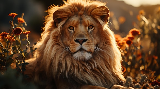 león acostado en el campo con campo verde