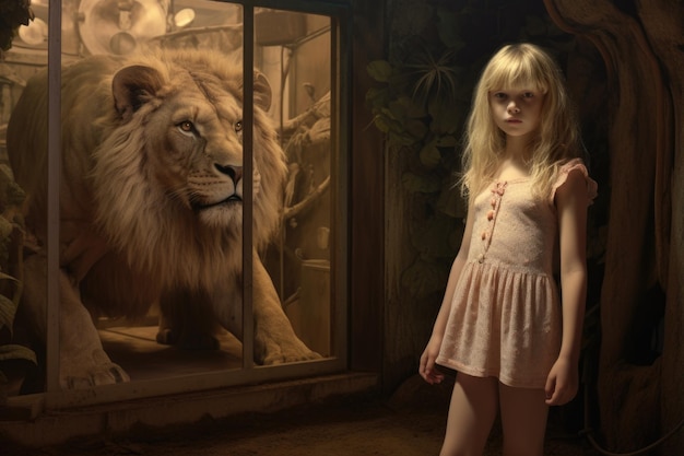 Un león africano y una linda niña en un fondo surrealista