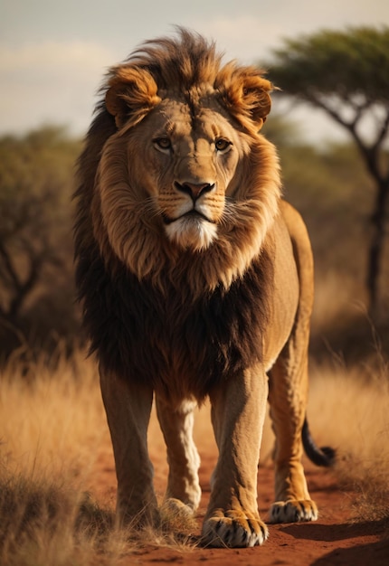 El león africano solo en la sabana