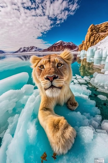 Un león en el agua con hielo