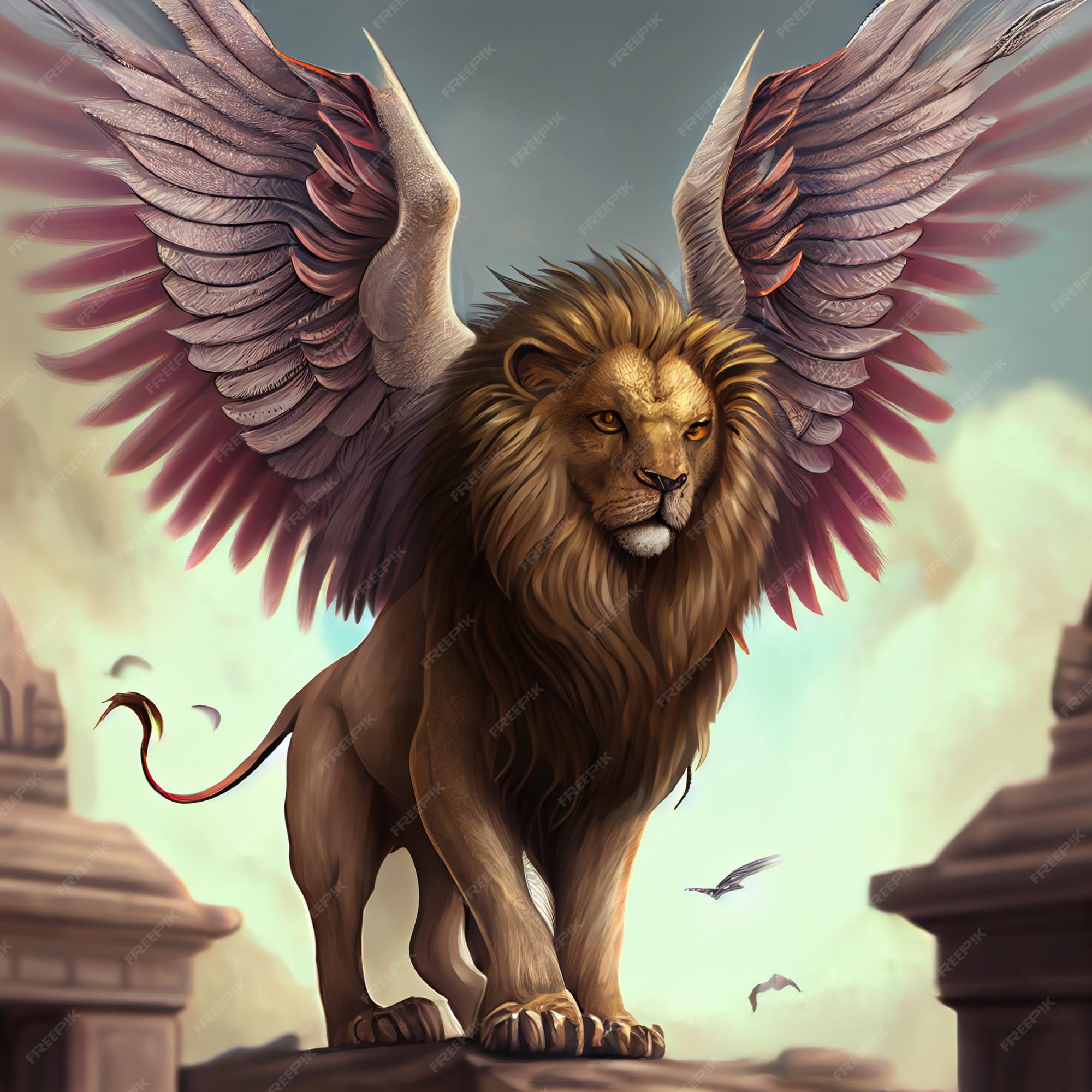 León alado majestuoso león con alas ilustración | Foto Premium