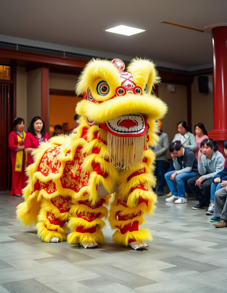 un león amarillo con una cara roja y un círculo rojo en él