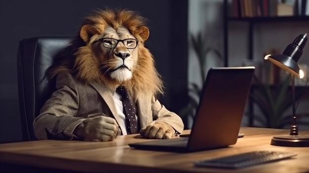 Un león antropomórfico es comparable a un jefe en el trabajo IA generativa y concepto empresarial