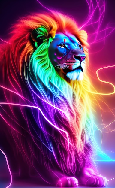 Un león con un arco iris de colores en su cara.