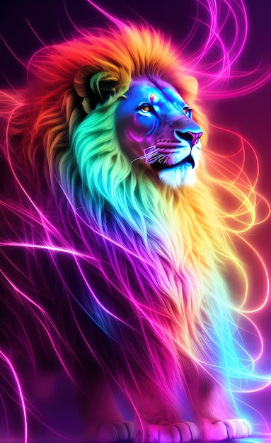 Foto un león con un arco iris de colores en su cara.