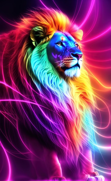 Un león con un arco iris de colores