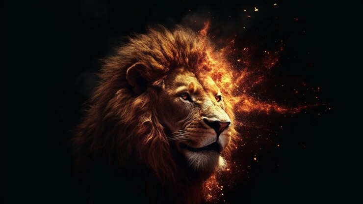 León ardiente con efecto de fuego sobre fondo negro generativo ai