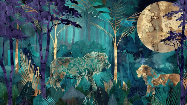 león en un arte de papel tapiz de la selva tropical