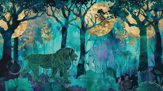 león en un arte de papel tapiz de la selva tropical