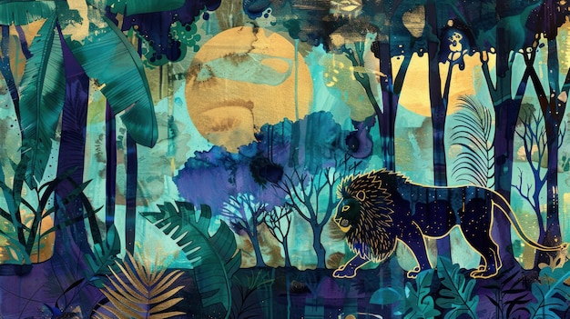 león en un arte de papel tapiz de la selva tropical