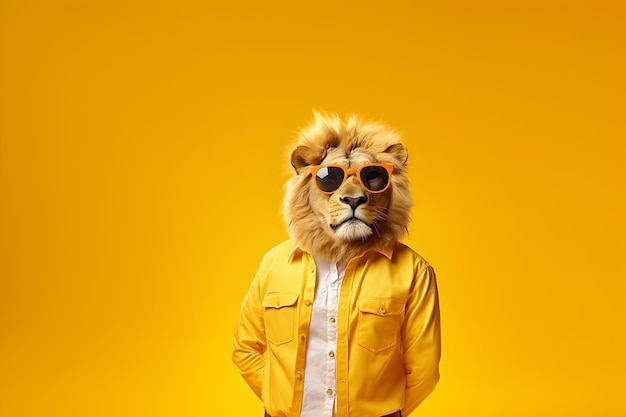 León de aspecto fresco con gafas de sol una chaqueta y camisa amarillas una bandera ancha con espacio para el texto