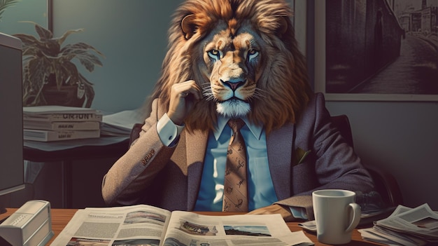 un león asume un papel inesperado mientras se sienta con confianza en un escritorio en miniatura vestido con un traje hecho a medida. Con un periódico abierto ante él, el león parece absorto en las últimas noticias.