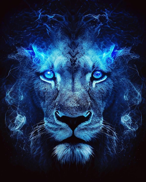 Foto un león azul con una cara azul.