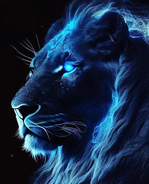 Un león azul con melena blanca y ojos azules.