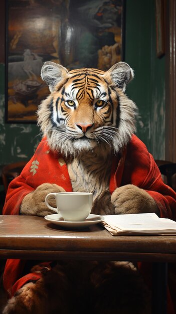 Un león bebe café.