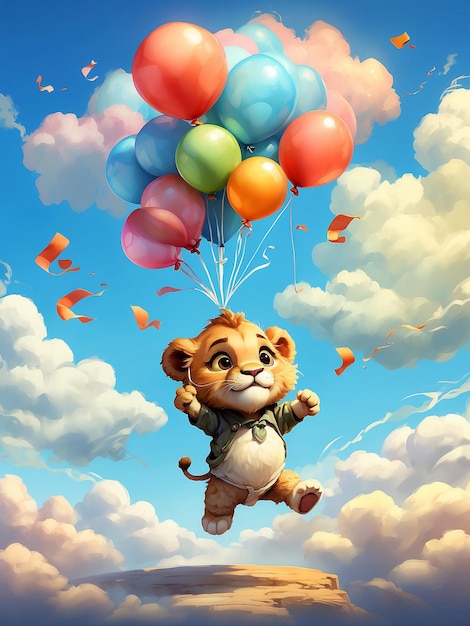 Foto un león bebé juguetón volando junto a globos de colores