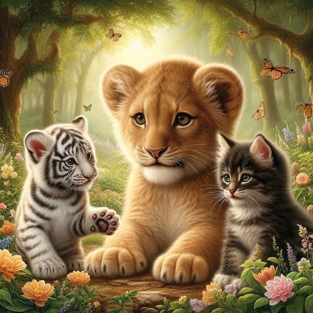 Un león bebé y un tigre bebé difundiendo alegría y amor en la jungla