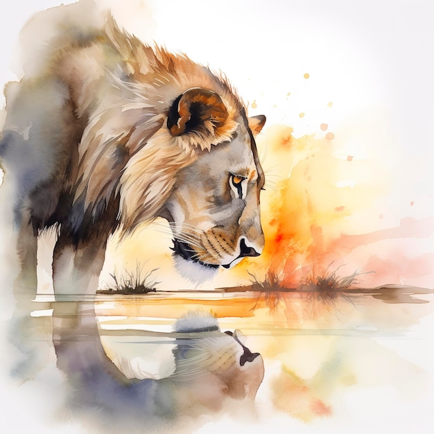 Un león bebiendo de un río al atardecer pintura acuarela hermosas formas naturales formas limpias y nítidas colorido fondo blanco generar ai