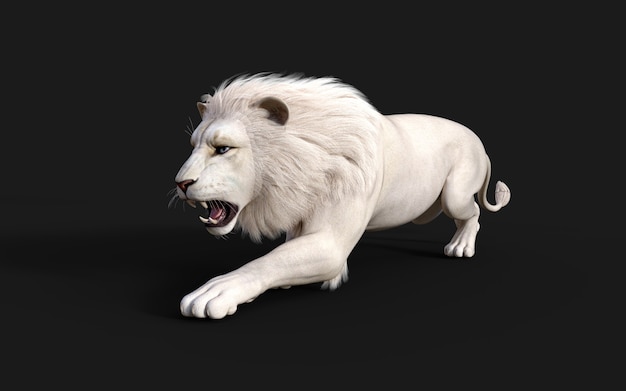 León blanco actúa y posa aislado sobre fondo negro oscuro con trazado de recorte Rey León