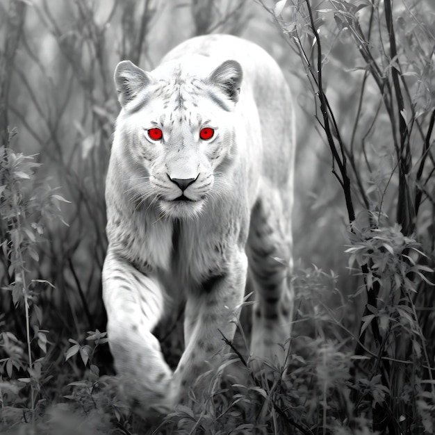León blanco en el bosque Imagen en blanco y negro Tonado