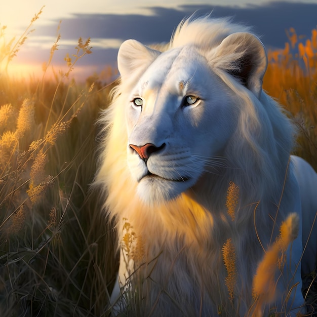 Un león blanco en un campo de hierba alta con el sol brillando sobre él.