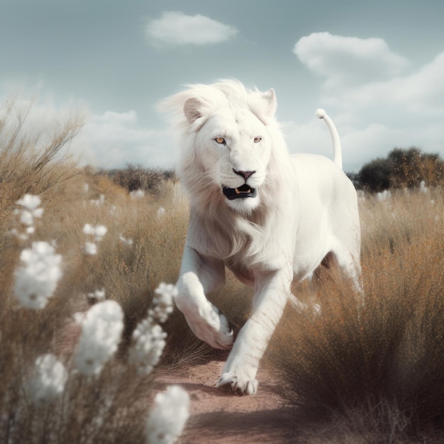 Un león blanco corre por un campo de hierba.
