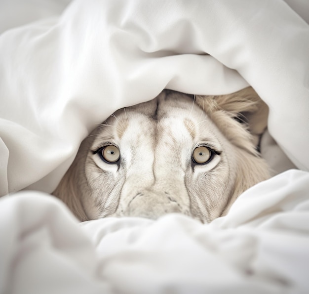 Un león blanco con ojos amarillos se asoma de una manta.