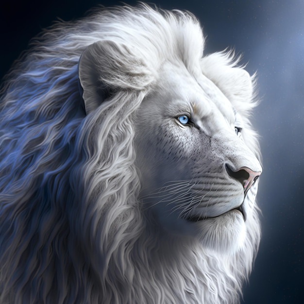 Un león blanco con ojos azules y fondo negro.