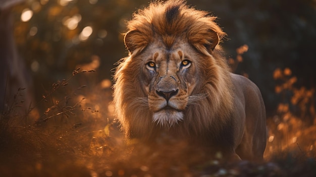 León en el bosque con fondo dorado