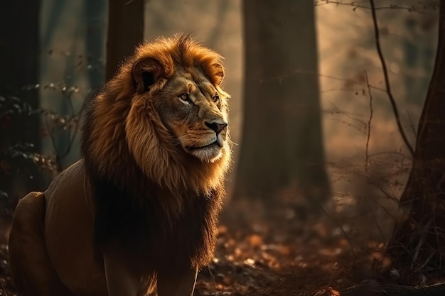 Un león en el bosque con una melena dorada.