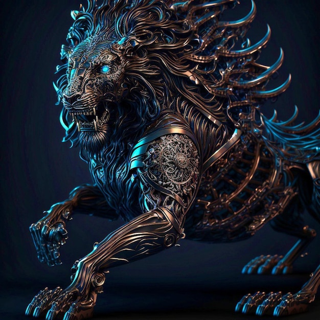 Un león de bronce con fondo azul y fondo negro.