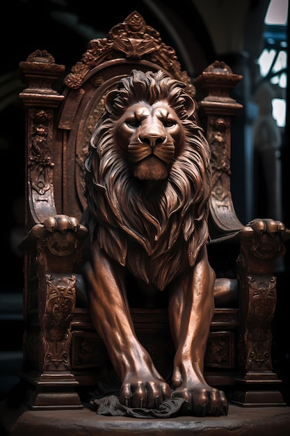 Un león de bronce en una silla.