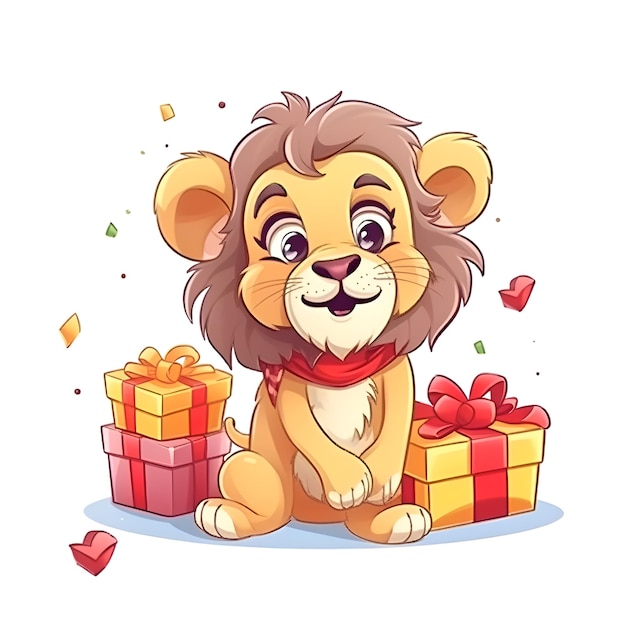 León con cajas de regalos Caracteres de dibujos animados lindos Ilustración vectorial