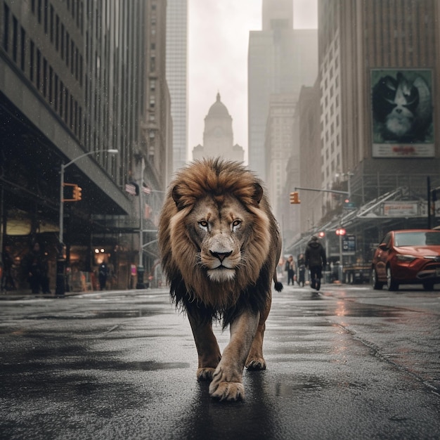 un león en la calle con un cartel que dice rey león