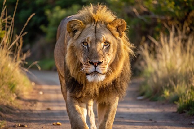 un león caminando por un camino de tierra con un león en la espalda