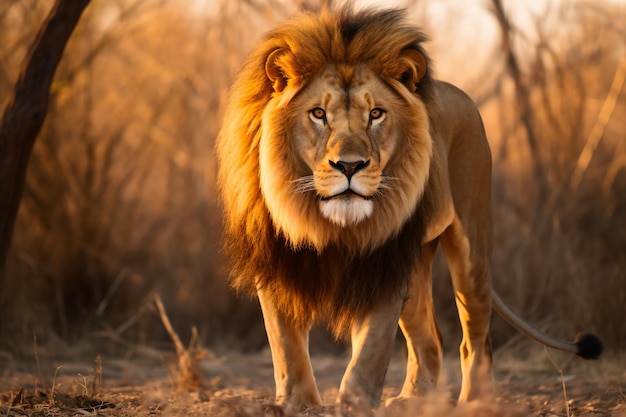 un león caminando por un campo de hierba seca