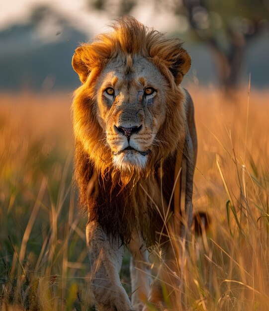 El león caminando por la sabana