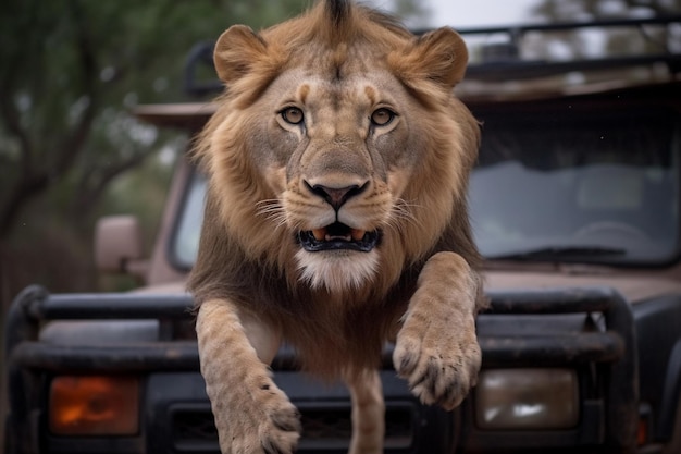 Un león en un camión con un jeep al fondo.