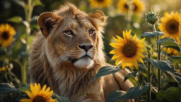 león en un campo de girasoles