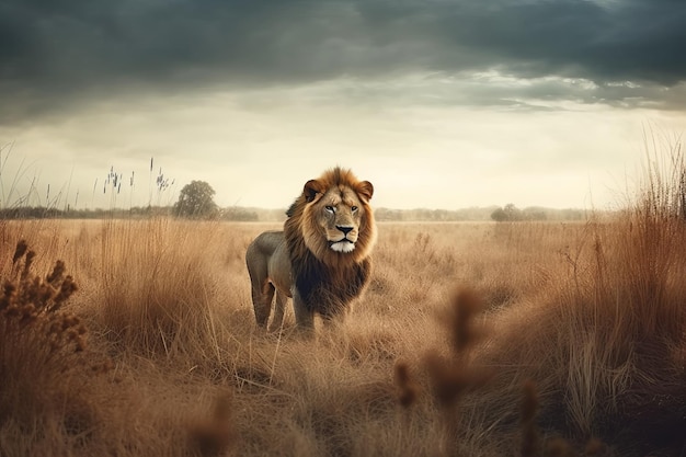 Un león en un campo de hierba alta