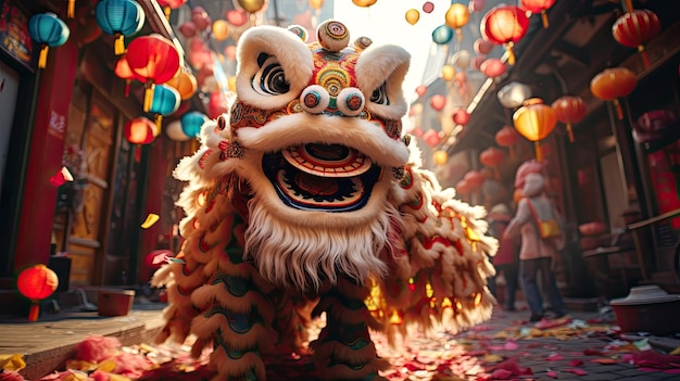 El león chino baila en la calle celebrando el año nuevo chino