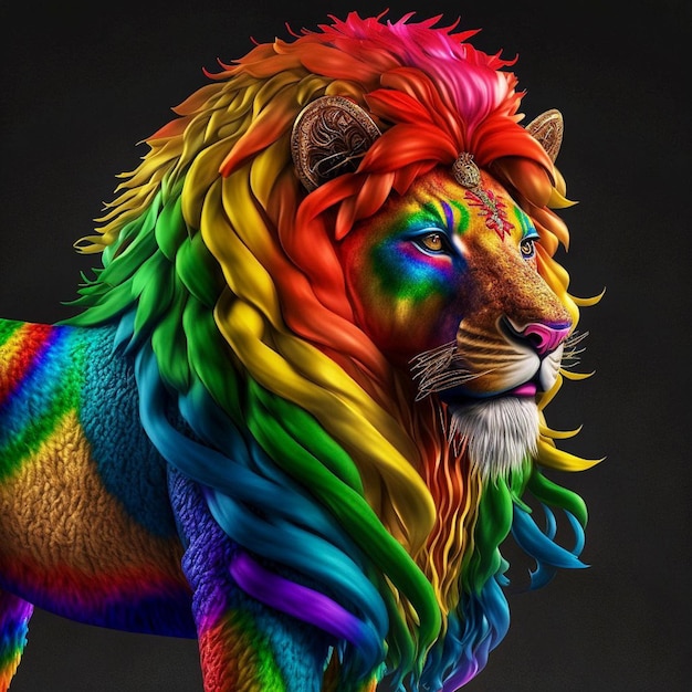 Foto un león de colores del arco iris con una melena y una melena.