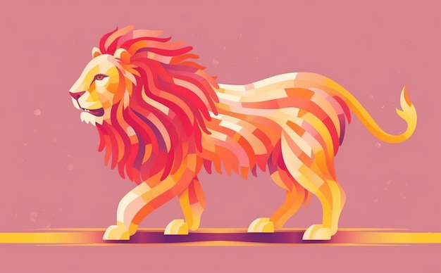 Un león colorido con un fondo rosa.