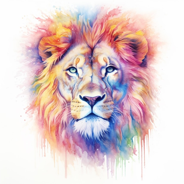 Un león colorido con melena amarilla y ojos azules.