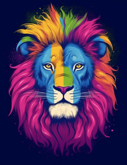 Un león colorido con una melena arco iris en un fondo negro generativo ai